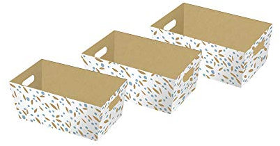 Eurowrap K-28806-BXC - Lot De 3 Boites Corbeilles De Rangement En Carton : Dimensions : Boite 1 = 27x20x12cm, Boite 2 = 29x22x13cm, Boite 3 = 31x24x14cm - Motif : Géométrique Blanc/Bleu/Kraft