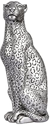 POLYDUKE Silberne Geparden-Statue, 27,9 cm, Geparden-Figur, sitzend, Heimdekoration, realistisch, antik, klassisches Leoparden-Harz, Tierdekoration, Statuen, Wohnzimmerdekoration, Ornament-Figur
