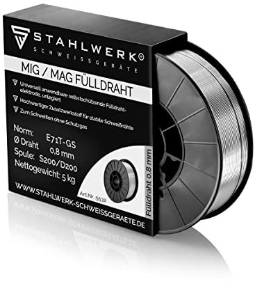 STAHLWERK Filo animato FLUX - E71T-GS 0,8 mm, bobina di filo da 5 kg D200, bobina di filo per mandrino da 50 mm, filo di saldatura premium, filo di apporto, filo di saldatura universale
