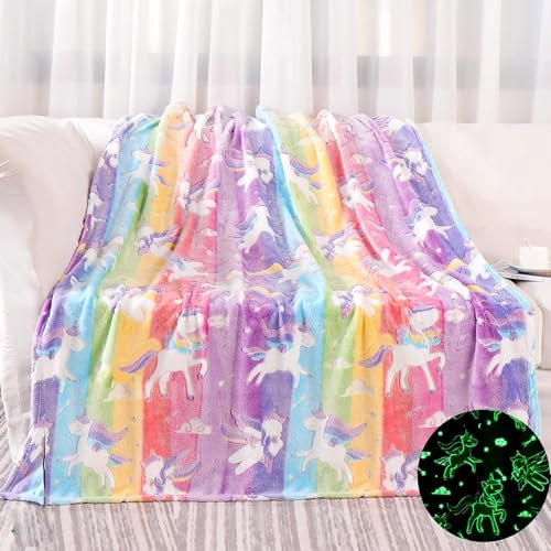Kuscheldecke Kinder, Einhorn Decke Kuscheldecke Leuchtet im Dunkeln, Einhorn Geschenke für mädchen Super Weiche und Warme Decke
