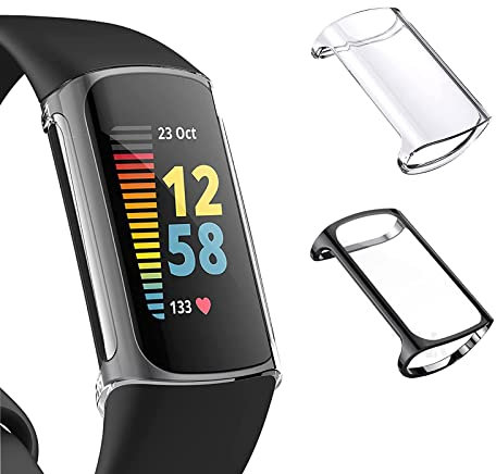 Diman 2 Stück Schutzhülle für Fitbit Charge 6/Charge 5, TPU Ultradünner HD Klar Kratzfest Displayschutzfolie Vollständige Abdeckung hülle für Fitbit Charge 6/Charge 5, Transparent + Schwarz