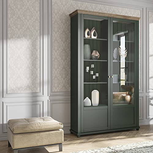 Lomadox Vitrinenschrank grün Landhaus mit Lefkas Eiche Nb. Knopfgriffe Messing, B/H/T: ca. 126/200/42 cm