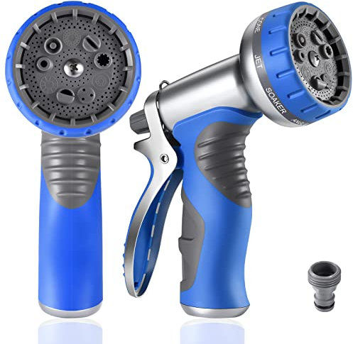 Hose Pipe Spray Gun,9 Adjustable Patterns Garden Hose Nozzles & Spray Guns, Heavy Duty Metal High Pressure Hose Nozzle/Hose Gun (Blue-1Pack)