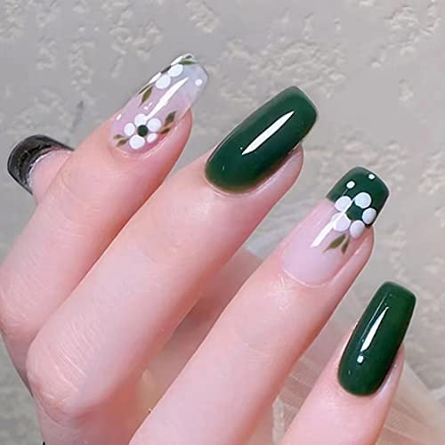 RUNRAYAY Green Medium Press On Nails with Flower, Fack Nails for Girls, Acrylic Nail Press On pour femmes et filles
