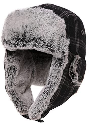 Comhats warme Fliegermütze für Herren Ohrenschützer Unisex Wintermütze mit Ohrenklappen weiche Kunstfellmütze Winddicht Schwarz-Grau L