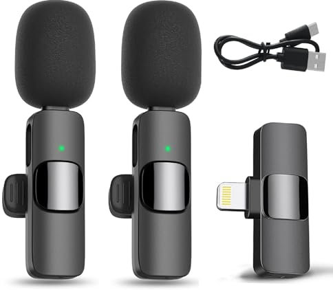 Microfono Wireless iPhone (Lightning) Mini Microfono Lavalier Doppio Microphone per YouTube/Live Stream/Vlog/Intervista/Videoregistrazione/Podcast, con Costruito in Chip di Riduzione del Rumore