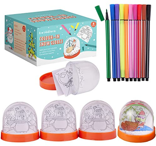 THE TWIDDLERS 4 Schneekugeln zum Ausmalen für Kinder, Bastelaktivität in der Adventszeit - mit 10 Filzstiften und 4 doppelseitigen weihnachtlichen Einsätzen