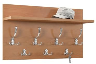 Design Garderobe Garderobenpaneel 70 x 40 cm mit Hutablage Kleiderhaken Finlo, Farbe:Erle - Chrom