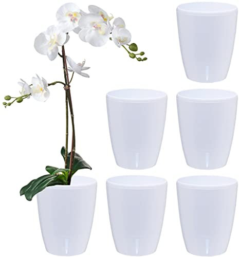 Santino 6er-Set Selbstbewässernder Topf mit Dochtsystem und Wasserstandsanzeige für den Innenbereich, Orchideentopf D 16.5cm (White - 3,3L)