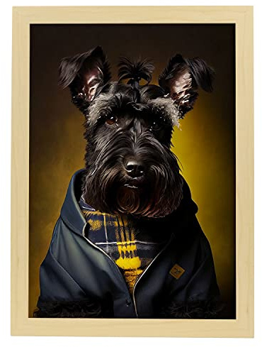 Nacnic Riesenschnauzer in voller Farbe Fotostil. Lustige realistische Illustrationen von Tieren in menschlicher Kleidung. Innenarchitektur und Dekoration. A3 mit Leichtholzrahmen.