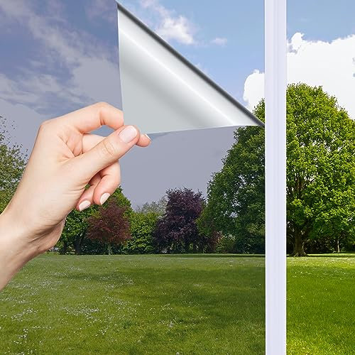 OFHome Spiegelfolie Selbstklebend Sichtschutz, Fensterfolie Blickdicht von Aussen, UV-Schutz Sonnenschutzfolie, Wärmeisolierung Thermofolie Fenster Gegen hitze mit Kleber, Silber, 90x200cm