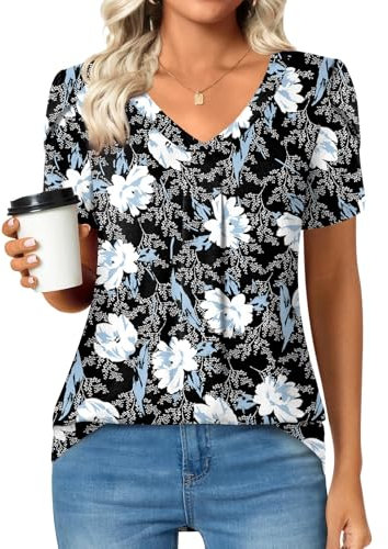 Bestbee Womens Short Sleeve Tops, Ladies Summer Tops Cute V Neck Shirts Plus Size Casual T-Shirts Loose Fit Blouses, White Lily, 2XL