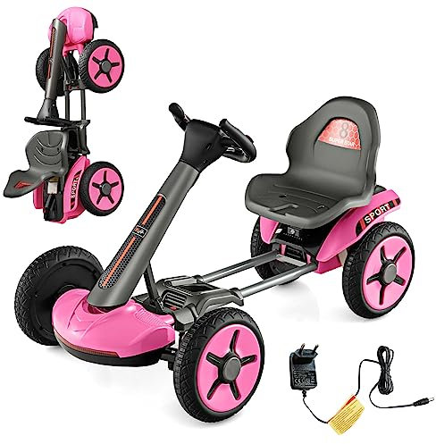 COSTWAY 12V Kinder Elektro Gokart mit LED Lichter, Go Kart mit 2-Fach verstellbarem Lenkrad & Sitz, Tretauto mit Getränkehalter, EIN-Knopf-Start, für Kinder ab 2 Jahre alt (Rosa)