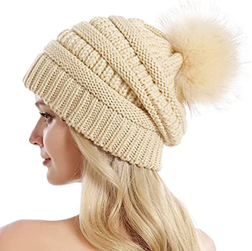 Etyepoh Strickmütze Damen Klassische Slouch Beanie Mütze Warme Grobstrick Wintermütze mit Kunstpelz Bommel (02-Beige)