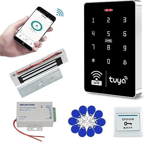 QTTYELOK WiFi Tuya Zutrittskontrollsystem-Kit Wasserdicht im Freien RFID Zugangskontroller Touch Tastatur 125KHz 13.56MHz + 180KG elektrisches Magnetschloss, Smart APP Remote Entsperren