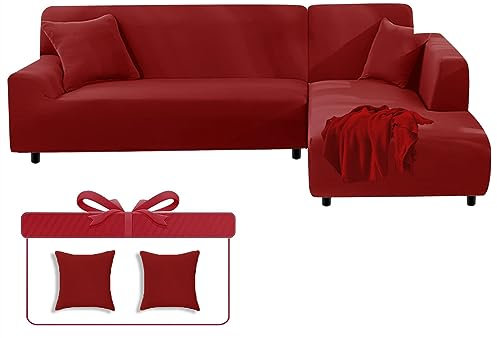 LINGKY Sofabezug Ecksofa L Form Sofa Überwürfe Stretch Sofa Überzug L Form Rechts oder Links mit Kissenbezügen Waschbar Universal-Couchbezug Für 1/2/3/4 Sitzer (Weinrot,1 Sitzer(90-140cm))