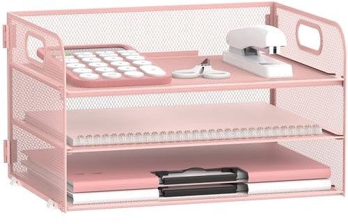 SUPEASY 3 Tier Paper Organizer with Handle, Mesh Desk Organizer Letter Tray, A4 File Folder Paper Tray, Pink