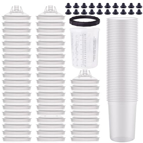 tycardor HT Disposable Paint Gun Cups Liners and Lid System Paint Sprayer Mixing Cup for HVLP Spray Gun 50 Cup Liners 50 Lids with Strainer 1 Hard Cup with Retainer Ring 20 Plugs, 800ML (27 OZ)