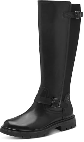 Tamaris Comfort bottes hautes femme sans talon avec fermeture éclair et boucles, Black, 42 EU