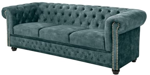 Riess Ambiente Chesterfield 3er Sofa 205cm Petrol Samt Goldnieten Federkern Loungesofa