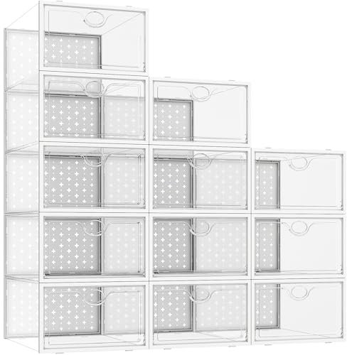 Pinkpum 12 pcs Clear Shoe Boxes, Stackable Plastic Shoes Storage Organiser, Fit Size 9.5, Foldable Sneakers Containers with PP Door Panels, Great Substitute for Shoe Rack, White