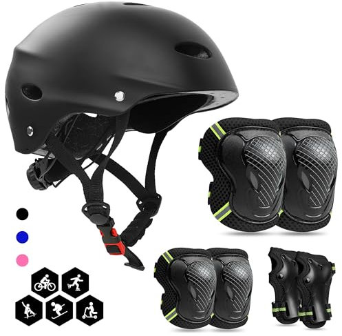 FAYITING Knieschoner Kinder Skaterhelm Erwachsene, 7-in-1 Set Fahrrad Helm Kinder BMX Reithelm Schoner Inliner Kinder Protektoren Schützer Perfekt für Outdoor Sportarten Schwarz S