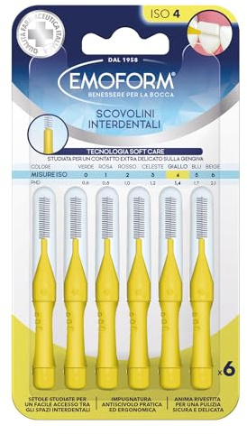 Interdentalbürste Emoform gelb, 6 Stück mit SoftCare-Technologie für einen extra schonenden Kontakt zum Zahnfleisch dank weicher Borsten, rutschfester Griff mit Kappe für die Mundhygiene