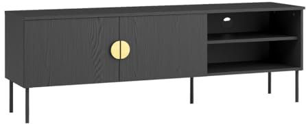 Vente-unique - Meuble TV avec 2 Portes et 2 niches - Noir et doré - Nataniel