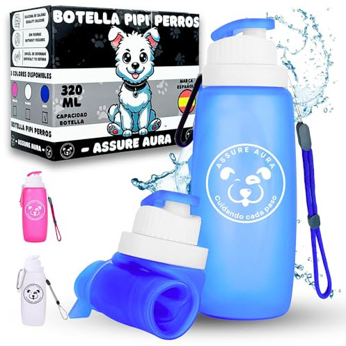 Botella Pipi Perros 320 ml Azul – Accesorio Portátil para Limpiar el Pipí de tu Perro – Botella de Agua con Mosquetón y Cuerda Ajustable – Silicona Reutilizable – Marca Española Ideal