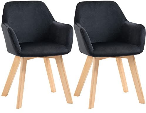 HOMCOM Esszimmerstühle 2er Set, Küchenstuhl mit Armlehne, Rückenlehne, Polsterstühle mit Samtoptik, Wohnzimmerstuhl mit Holzbeine für Küche, Esszimmer, Schwarz