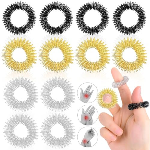 Weploda 12 Stück Akupressur Ring Set, Massageringe Zur Entspannung, Anti Stress Finger Massage Ringe, Premium Akupressur Ring, Für Stress Reduzierstück(Gold+Silber+Schwarz)