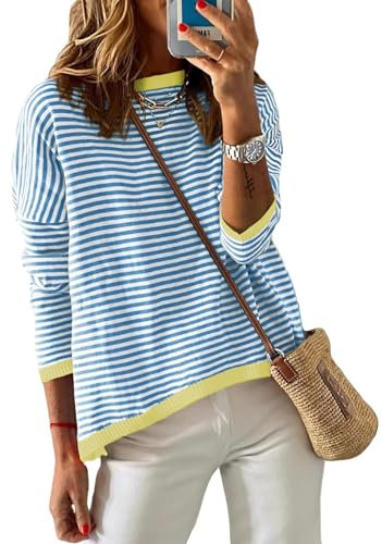 DUOEASE Jersey Mujer Rayas Cuello Redondo Sudadera Sin Capucha Otoño Manga Larga Ropa-AzulBlancoAmarillo-M