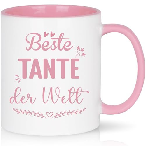 CHUIN DRUCK Tazza da caffè regalo per zia per compleanno, tazza di Natale, con scritta Beste zia der Welt, idea regalo per la zia, regalo di Natale, 320 ml, rosa