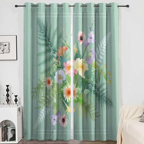 CozyRest Blackout Curtain for Living Room - Beautiful Wildflowers And Ferns Curtain Eyelet Top Thermal Door Curtains Green Printed Curtains 110 W x 102 L