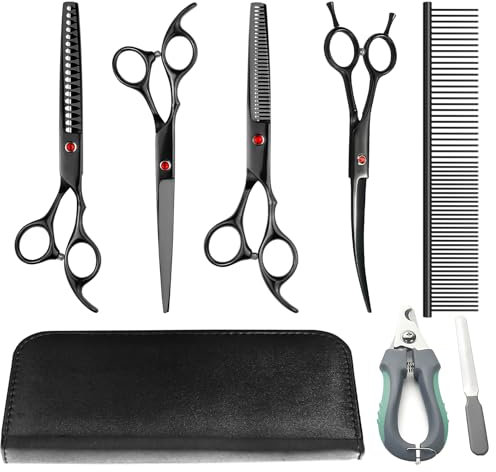 Casgee 7,0 Zoll Hundeschere Set, 10-In-1 Hundescheren Set Profi, Hundepflege Schere Hunde Schere, Fellschere Hunde mit Geraden Schere, Ausdünnungsschere, Gebogenen Schere, Chunker, Krallenschere
