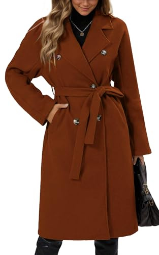 Maeau Langer Mantel aus Tweed, für Damen, zweireihig, Herbst, Winter, lange Jacke, warm, elegant, lässig, langer Trenchcoat mit Gürtel, Größe S bis XL