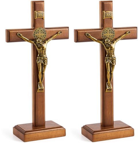 Leinuosen 25,4 cm Holzkreuz Kruzifix Wand und Tisch katholische Holzkreuze Stehendes Kreuz Dekor Jesus Christus Dekoration für Zuhause Taufe Kommunion Kirche (2 Stück)
