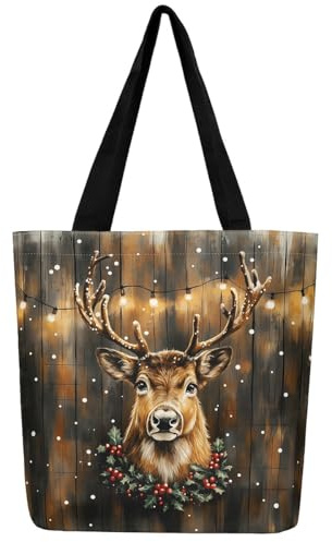 Loussiesd Weihnachtsmann Leinwand Einkaufstasche Weihnachten Schneemann Elch Hirsch Stofftasche für Strand Einkaufen Weihnachten Schlafzimmer Mode Weihnachten Einkaufsbeutel Soft Tragetasche