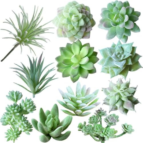 HUAEDNWKYI 11 Suculentas Artificiales Flocadas, Mini Plantas Suculentas Falsas, Suculentas Artificiales sin Maceta + 11 Piezas + Mini Plantas Decorativas + Verdes con Textura + Diferentes Tamaños