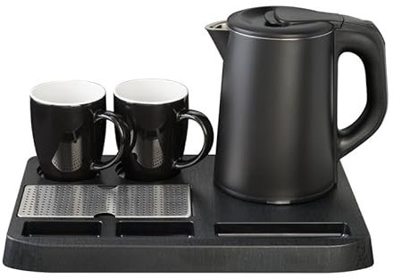 SET BOLLITORE 0.8L IN ACCIAIO INOSSIDABILE 18/10 + VASSOIO + 2 TAZZE NERO IN CERAMICA DA 300 ML,1360W, DIMENSIONI: 36.1 x 24 x 22 cm, SET DA TE PER HOTEL