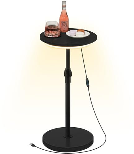 MAHANCRIS Runder Beistelltisch, Sofatisch, Nachttisch, 48,5-66 cm höhenverstellbarer Couchtisch mit LED-Leuchten und Untersetzer, Cocktailtisch, für kleine Räume, Sofaende, Schwarz AETBK32E01