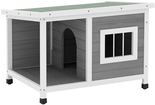 PawHut Caseta para Perros Exterior 85,5x62x60 cm Casa para Perros de Madera con Techo Asfáltico Abatible Puerta y Ventana para Perros Pequeños Gris