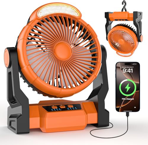 Diealles Shine Ventilador Camping, 15000mAh Ventilador Recargable, Ventiladores de Camping con Linterna LED, Ventiladores de Sobremesa para al Aire Libre Hogar Oficina