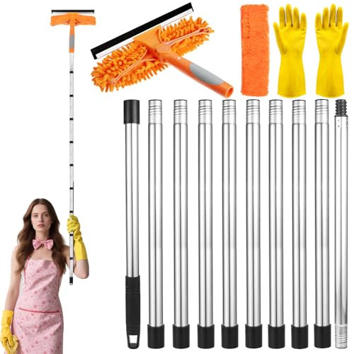4 Meters Extra Long Metal Window Cleaning Kit Versatile Cleaner Equipment Tool with with Spare Microfiber Cloth Squeegee Strips