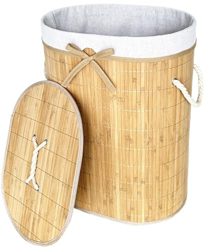 KARVERS Bambus Wäschekorb mit Deckel, 60L, Faltbar, Waschbare Textileinlage, Wäschesammler mit Griffen, Natur