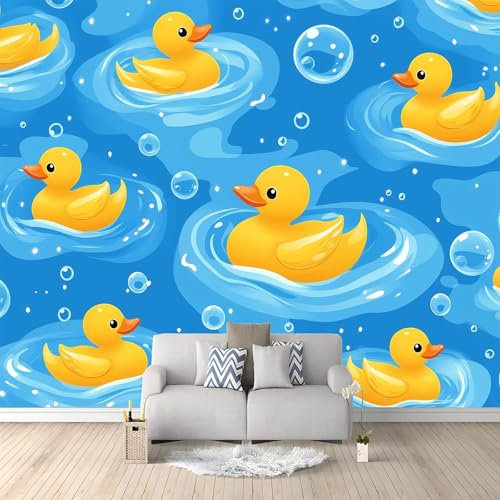 3D Papier Peint Bulles d’eau style cartoon canard jaune, Papier peint panoramique 400 x 280 CM (L x H) - Pour Salon Chambre D'Enfant Décoration Murale Poster, Bleu