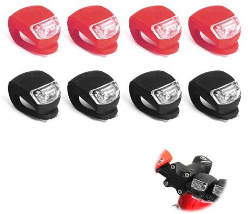 DmDoyy Set di 8 luci da bicicletta in silicone con batteria e 3 funzioni di illuminazione, illuminazione per bicicletta da notte (nero + rosso)