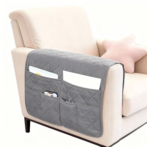 Srvillg Armchair Arm Cover, 1pc Non Slip Sofa Arm Rest Cover with Pockets, Light Grey Armrest Chair Covers for Sofa Couch, Armchair, Recliner Chair (Grey)