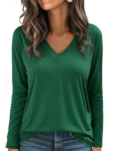 Aottori T-Shirt à Manches Longues Femme Col V Chic élégant Lâche Haut Décontracté Tee Shirt Tunique Basic Top Tshirt Pull Vert M