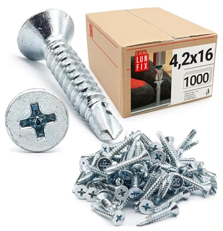 Set di 1000 viti autofilettanti 4,2 x 16 mm, DIN 7504, PH2, testa svasata | in acciaio zincato, autoforanti, per metallo, alluminio, profili, recinzioni, terrazze